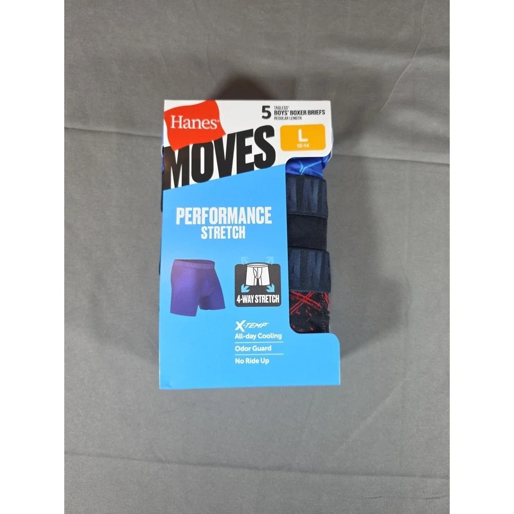Hanes Underwear Boys Large 12/14 Boxer Briefs Moves Performance Stretch 5 Pairs‎